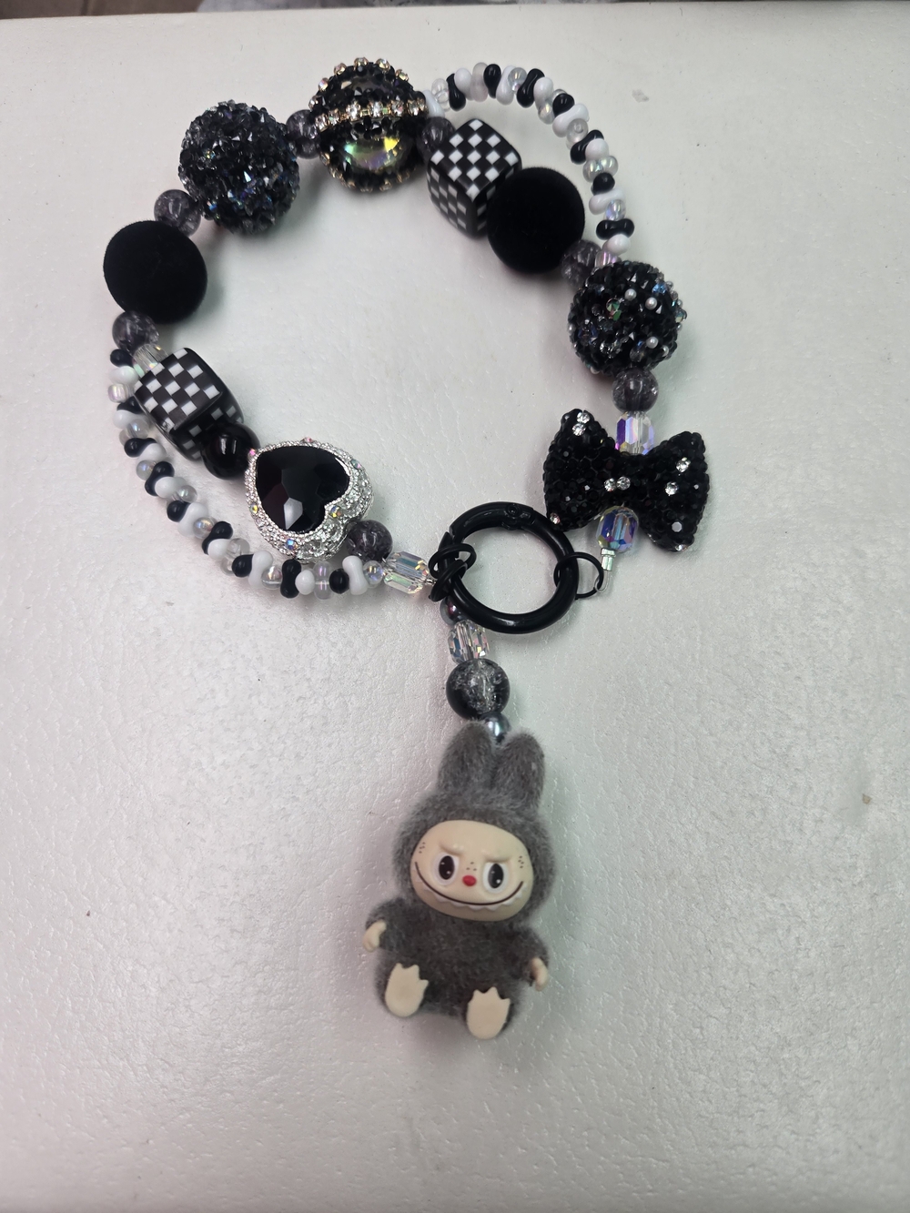 Kids Black & Gray Beaded Charm Necklace with Cute Plush Pendant